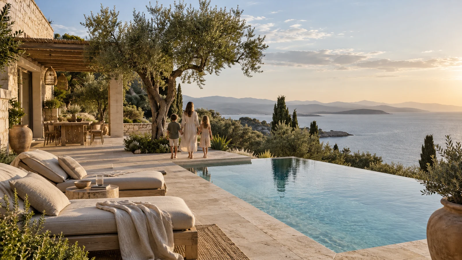 Illustrative coastal villa with a parent and two children enjoying a sunlit pool terrace