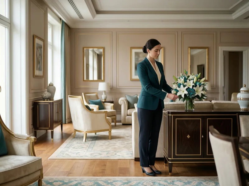 Illustrative household professional arranging flowers in a calm interior