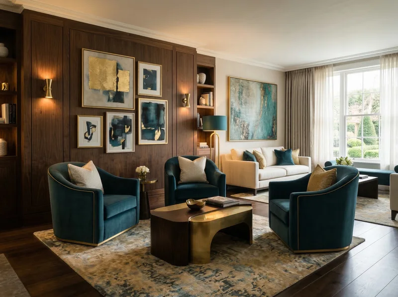 Illustrative living room with warm wood, soft seating and collected artwork