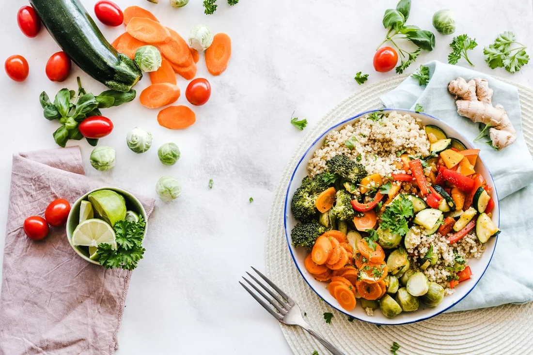 Example of a colorful plant-based meal with grains and vegetables; not a Thistle product photo